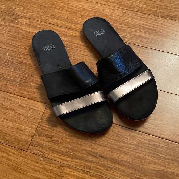Eileen Fisher black leather slide on sandal - flat - silver strap - size 8.5 - Picture 1 of 6